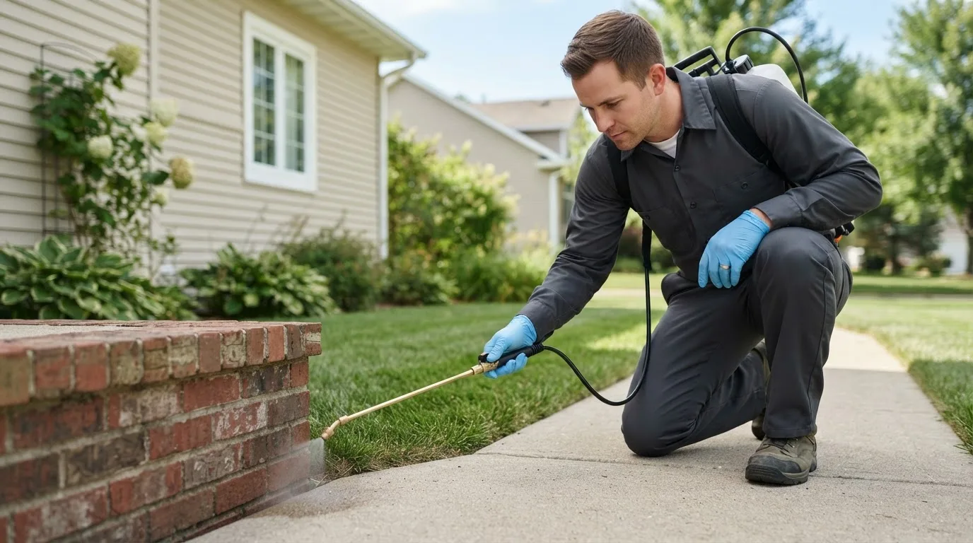 Pest control technician treating a home near Bowdoinham, ME