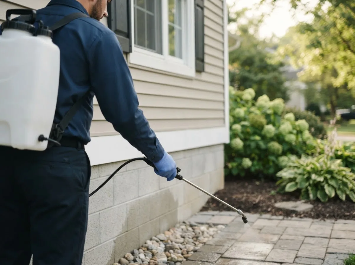 Pest control technician inspecting a home in Bowdoinham, ME